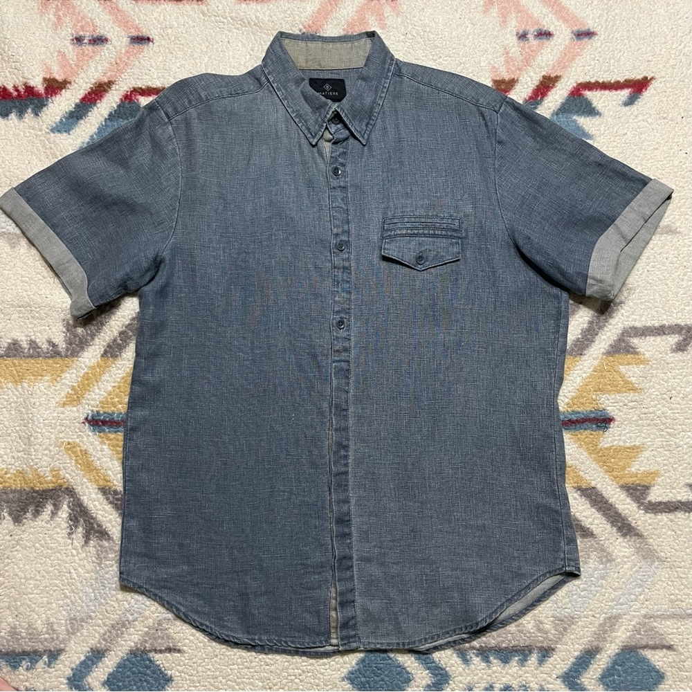 Matiere 100% Linen Short Sleeve Button Down Shirt Blue Chambray Look Size Large